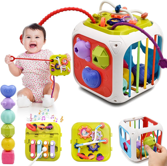 AiTuiTui Baby Sensory Montessori Activity Toys for 1 2 Year Old Boy Girl, Early Learning Develop Shape Sorter Cube with Soft Textured Balls for Infants Toddler Birthday or Easter Gifts