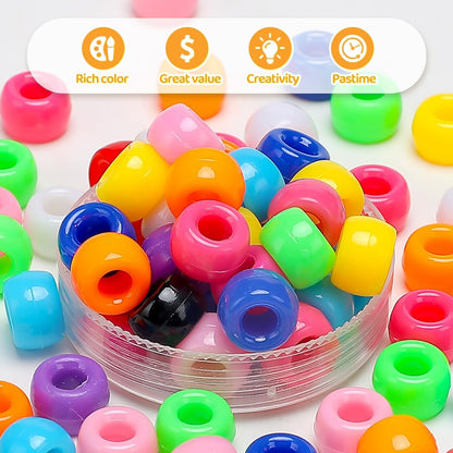1200pcs Pony Beads Bulk – 11 Colors 6x9mm Plastic Craft Beads for Bracelets, Jewelry, Hair Braiding & DIY Projects