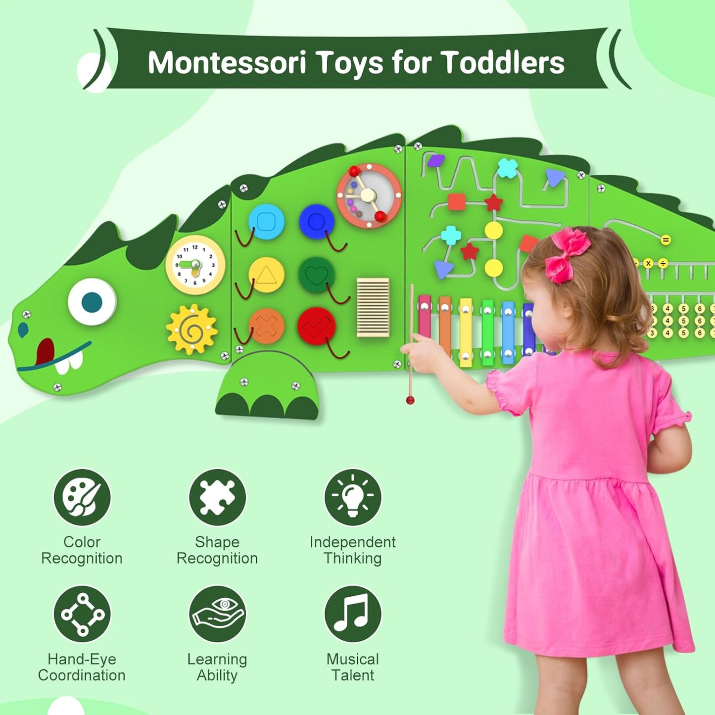 Rainbow Wall Busy Board for Kids: Wooden Montessori Activity Panel | 13-in-1 Sensory Learning Toys for Fine Motor Skills - Playroom & Nursery Essentials for Toddlers