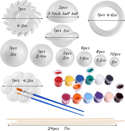 FFchuanhe 72 Pcs Solar System Model Foam Balls Kit Includes Mixed Sizes Craft Foam Bamboo Sticks Color Pigments Paint Tray Palettes Picture Plate Painting Brushes for School Science Projects