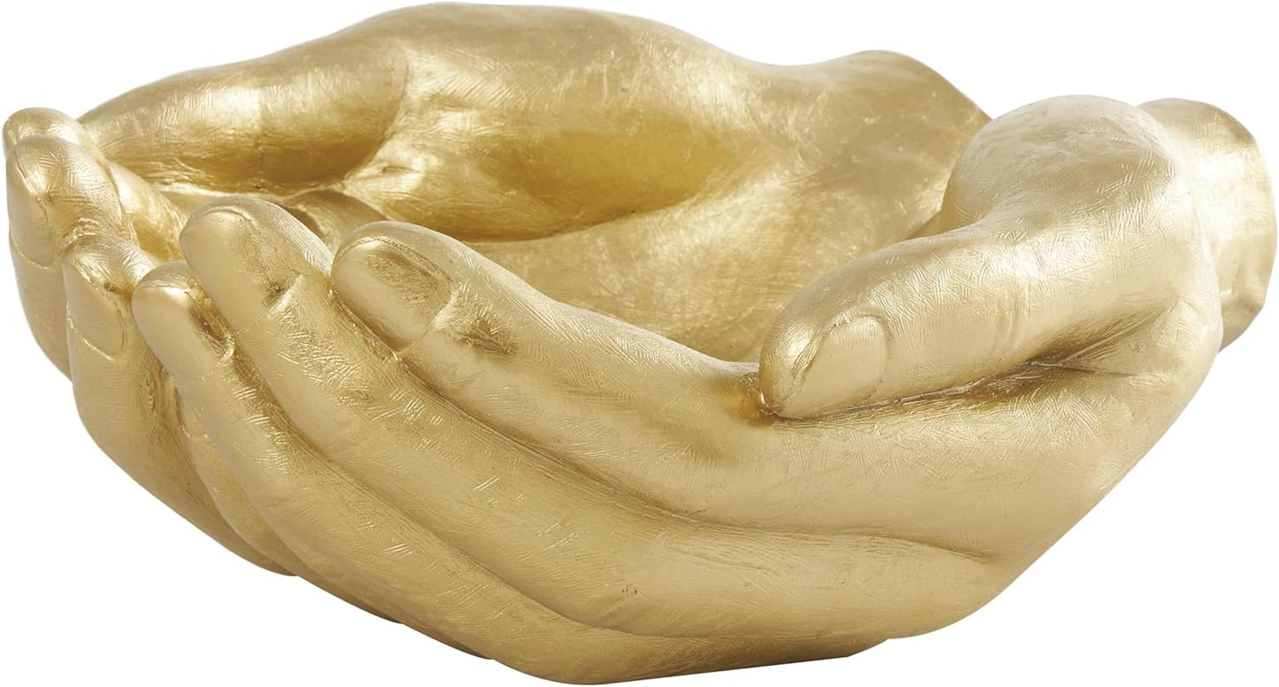 Deco 79 Polystone Hands Decorative Sculpture Weathered Patina Linked Home Decor Statue with Block Base and Gold Accents, Accent Figurine 9" x 4" x 10", Black