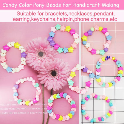 JJzxwish 1605 Pcs Hair Beads for Braids with Elastic Rubber Band Threaders Kit, Candy Color Acrylic Mickey Heart Star Alphabet Beads Pastel Pony Bead Kandi Bead for Bracelet Jewelry Making DIY Craft