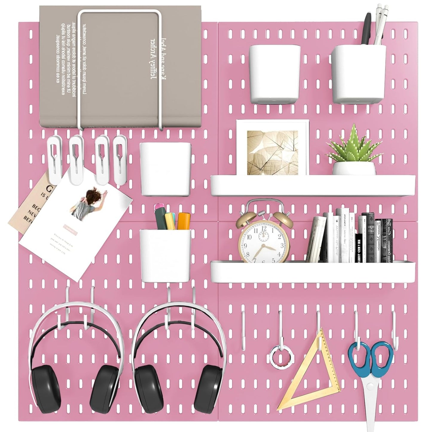 Peg Board Combination Kit, 4 Pegboards with 20 Accessories, Pegboard Wall Organizer for Office, Nursery & Home Storage, Key Holder, 25.6"x25.6" – Nail-Free Installation（White）