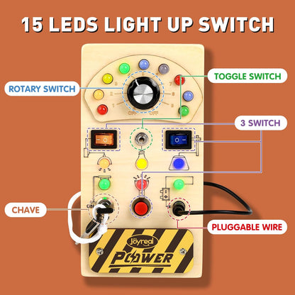 Joyreal Busy Board with 19 LED Lights and 10 Switches, Montessori Toys for 1 2 3 Year Old, Wooden Sensory Activity Board for Toddlers, Travel Toys for Toddler 1-3 Plane Car, Birthday Gifts for Girls