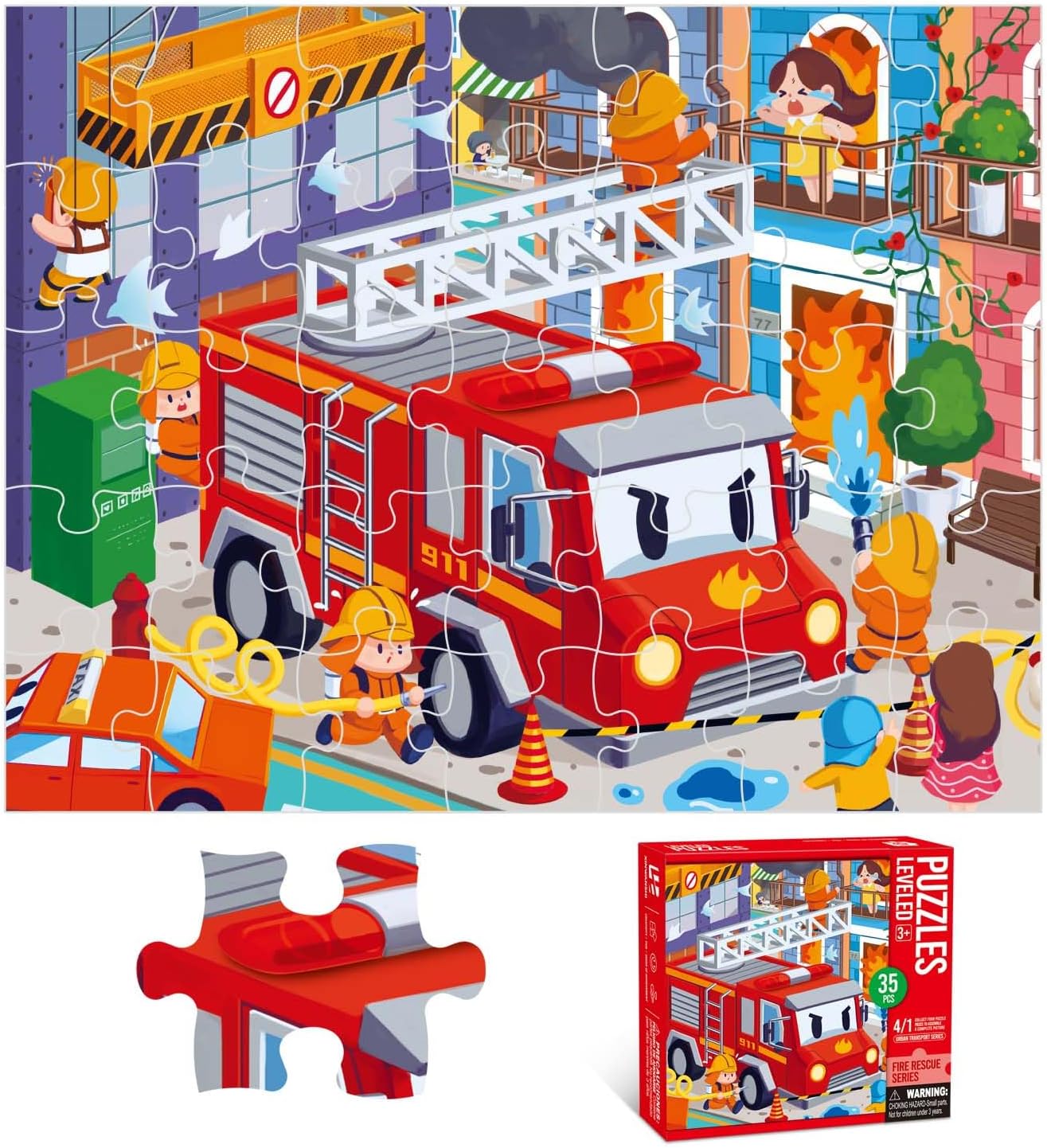 Puzzles for Kids Ages 3-8 Year Old,35pcs Jigsaw Puzzles for Toddlers & Children Ages 4-6，Educational Floor Puzzles with Storage Box for Gifts（Fire Engine）