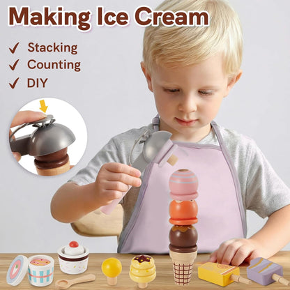 HERSITY Wooden Ice Cream Counter Pretend Play Food for Toddlers 3-5, Ice Cream Shop Stand Popsicle Toy Set Gifts for 3+ 4 5 6 Year Old Girls Boys, Pink