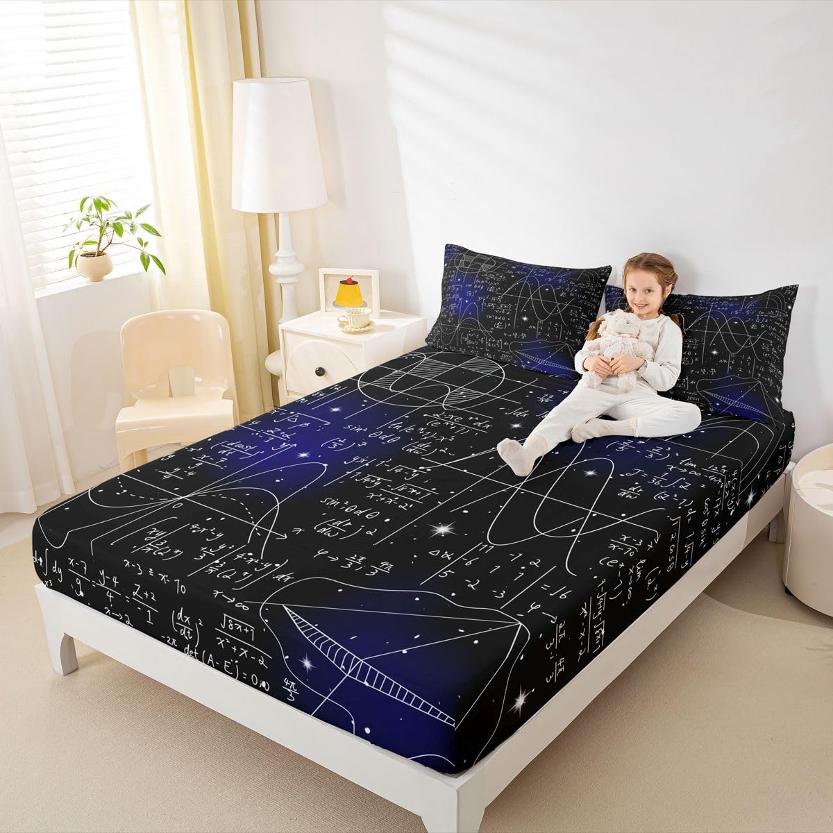 Erosebridal Chemistry Lab Fitted Sheet Twin Size Chemical Equation Bed Sheets for Boys Girls Chemical Elements Science Theme Bed Set Teens Kids Science Students Bedding Set School Dorm Room Decor