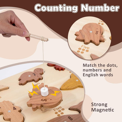 Adena Montessori Natural Wood Wooden Toy Magnetic Fishing Game, Wooden peg Puzzle 2 in 1 for Toddlers, Wooden Puzzle for 2-3 Years Old, Puzzle with Digital Ocean Animal Advanced Toys for 2 Year Old