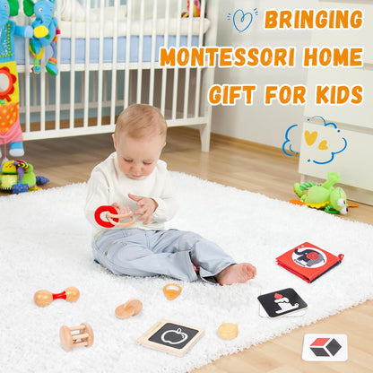Adena Montessori Play Kit for 3-4 Months Baby,8 in 1 Wooden Learning Educational Toys for Toddler,Include Framed Mirror Book,High-Contrast Cards and More,Christmas Birthday Gift for Boys Girls