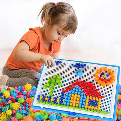 592Pcs Jigsaw Puzzle Mix Colour Mushroom Nails Pegboard Educational Building Bricks Creative DIY Peg Puzzle Toys 3D Games Birthday Christmas Party Gift for Kids Children Age Over 3 Years Old