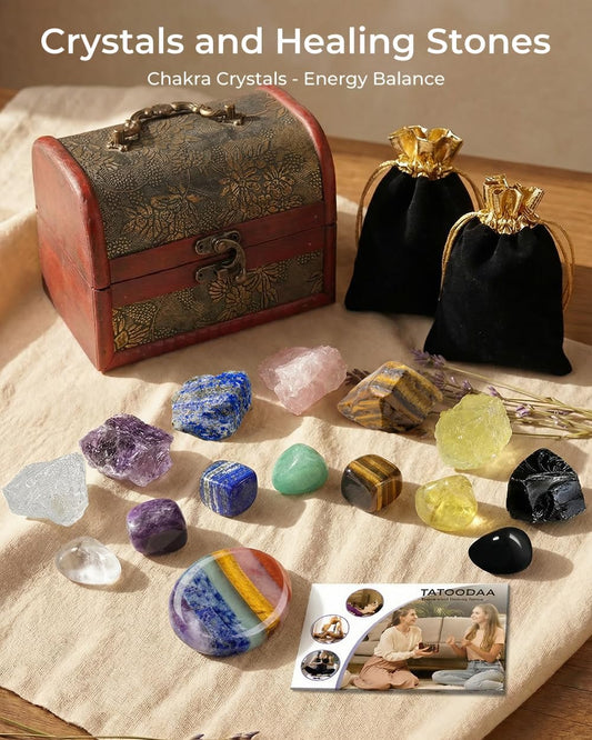 Crystals and Healing Stones, 9 Pcs Healing Crystals Set, 7 Chakra Crystal Stones Set Real Natural Selenite Pyramid Reiki Raw Rock Energy Protection Meditation with Wooden Box, Crystal Gifts for Women