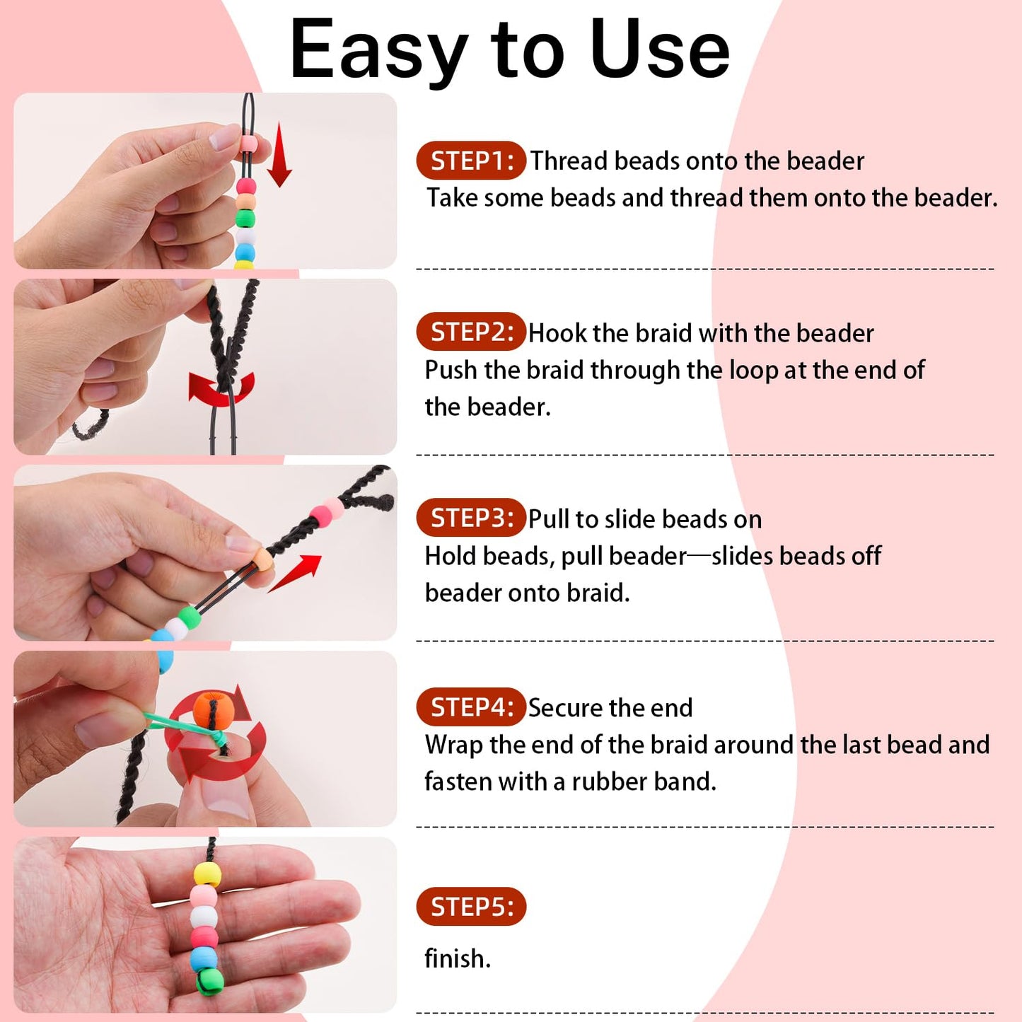 150Pcs 10mm Small Silicone Beads for Hair Braids, Soft Jellyish Pony Hair Beads with 5mm Hole + 50 Rubber Bands and 1 Beader for Braiding, DIY Bracelets Necklaces Crafts (Pink)
