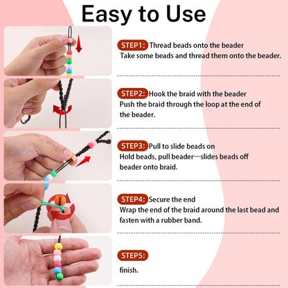 150Pcs 10mm Small Silicone Beads for Hair Braids, Soft Jellyish Pony Hair Beads with 5mm Hole + 50 Rubber Bands and 1 Beader for Braiding, DIY Bracelets Necklaces Crafts (Pink)