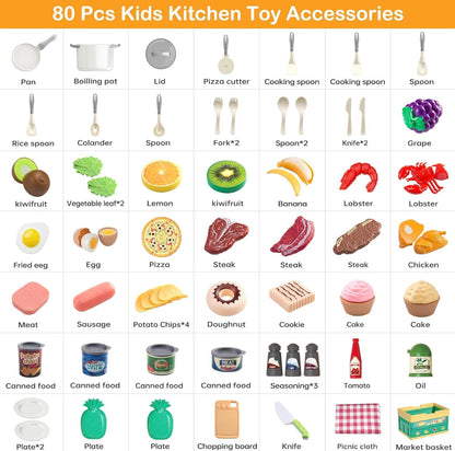 130Pcs Kitchen Playset, Toddler Pretend Cooking Play Pots, Pans, Utensils Cookware, Daily Food Fruit Veges, Shopping Storage Basket, Dessert, Prop Money, Learning Gift for Child (Pink)