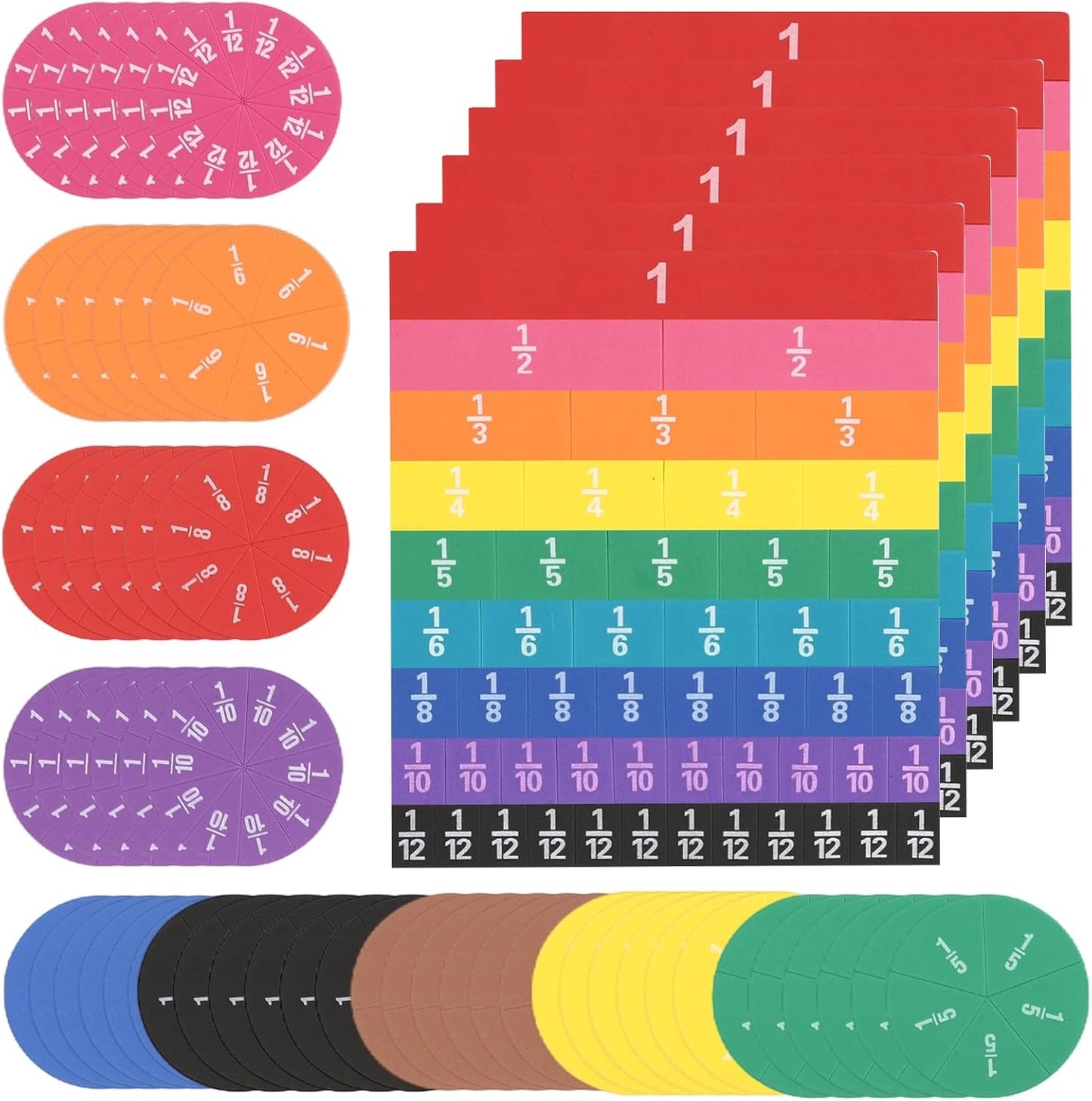 12 Sets EVA Rainbow Fraction Manipulatives, Includes 6 Sets Fraction Tiles and 6 Sets Fraction Circles, Broad Coverage from 1/1 to 1/12, Visual Learning Tool