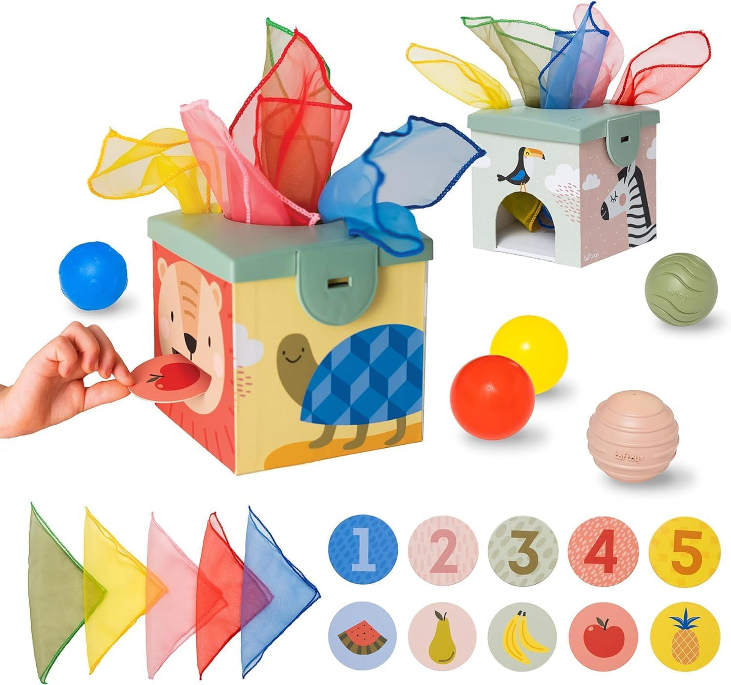 Taf Toys Baby Tissue Box Toy Silicone Baby Toys 6-12 Months Montessori Toys Sensory Activity & 10 Tissues for Fine Motor Development Soft Interactive Silicone Learning Cube for 1 Year Old Toddlers