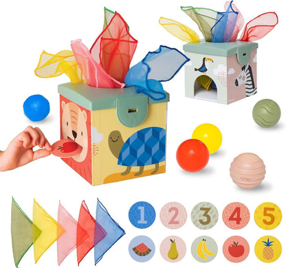Taf Toys Baby Tissue Box Toy Silicone Baby Toys 6-12 Months Montessori Toys Sensory Activity & 10 Tissues for Fine Motor Development Soft Interactive Silicone Learning Cube for 1 Year Old Toddlers