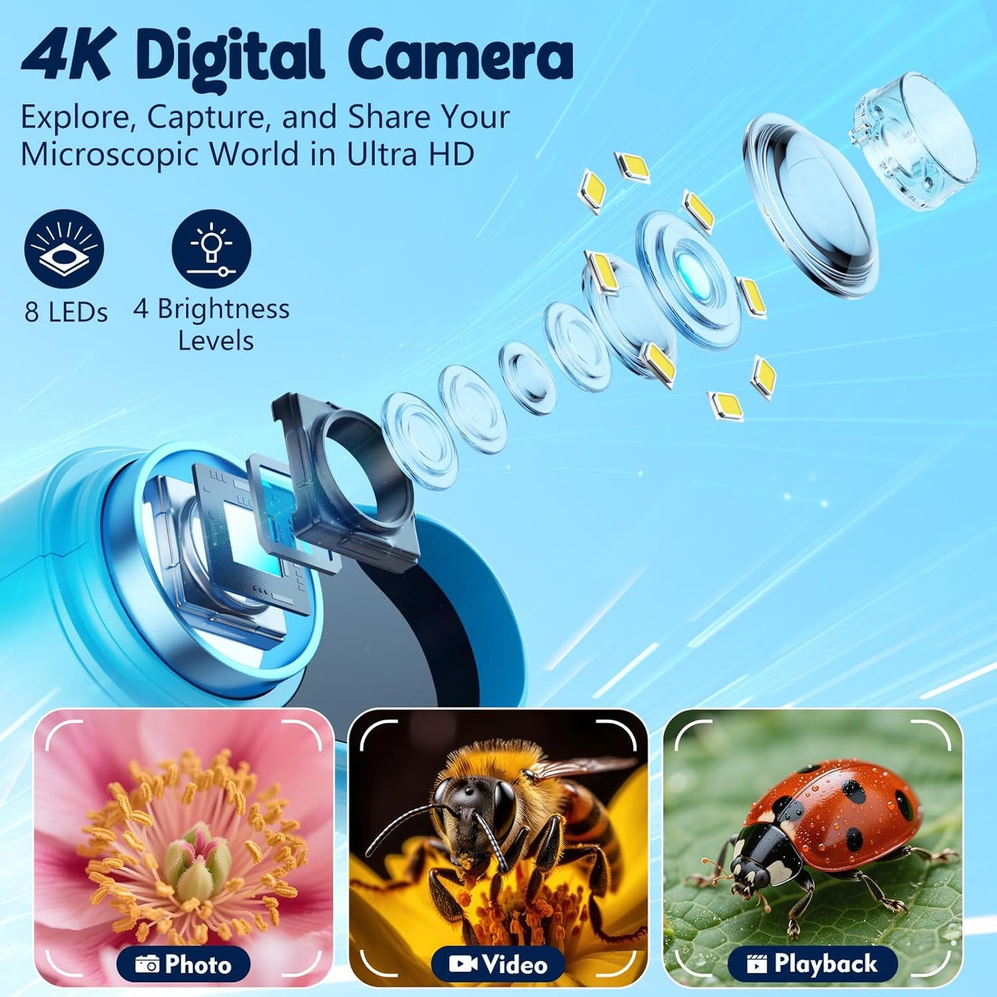 Odatay 4K 1000X Digital Microscope for Kids with Long Distance Viewing & 2.4" Screen, Portable Handheld Edu Toys for Kids Age 3-12 Exploring Bugs Plants at Home Classroom & Outdoor Travel, Yellow