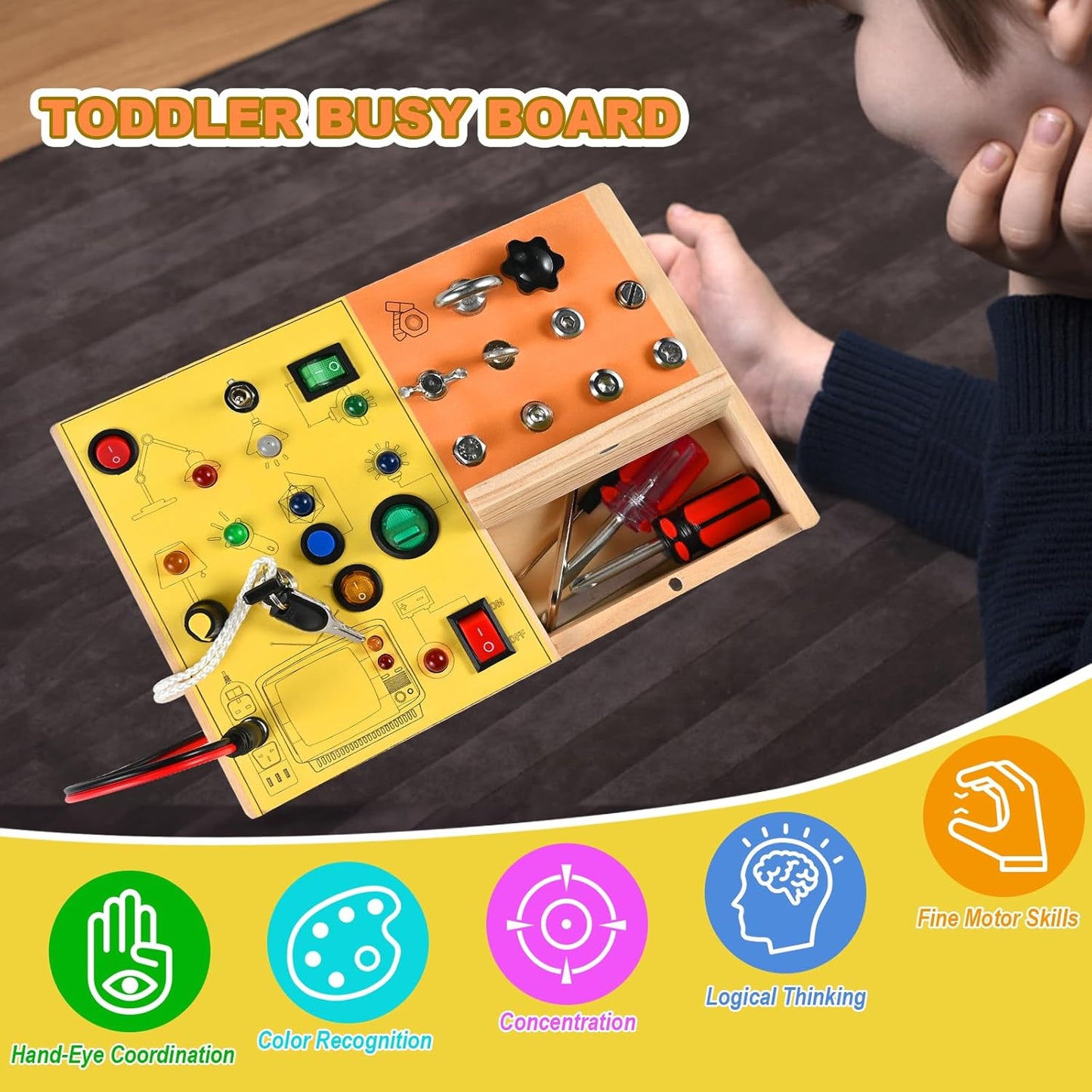 Busy Board with LED Light, Screws and Key, 3-in-1 Montessori Screwdriver Board, Wooden Switch Board, Montessori Toys for Toddler 3 4 5 Year Old, Fine Motor Skill Toys Birthday for Kids