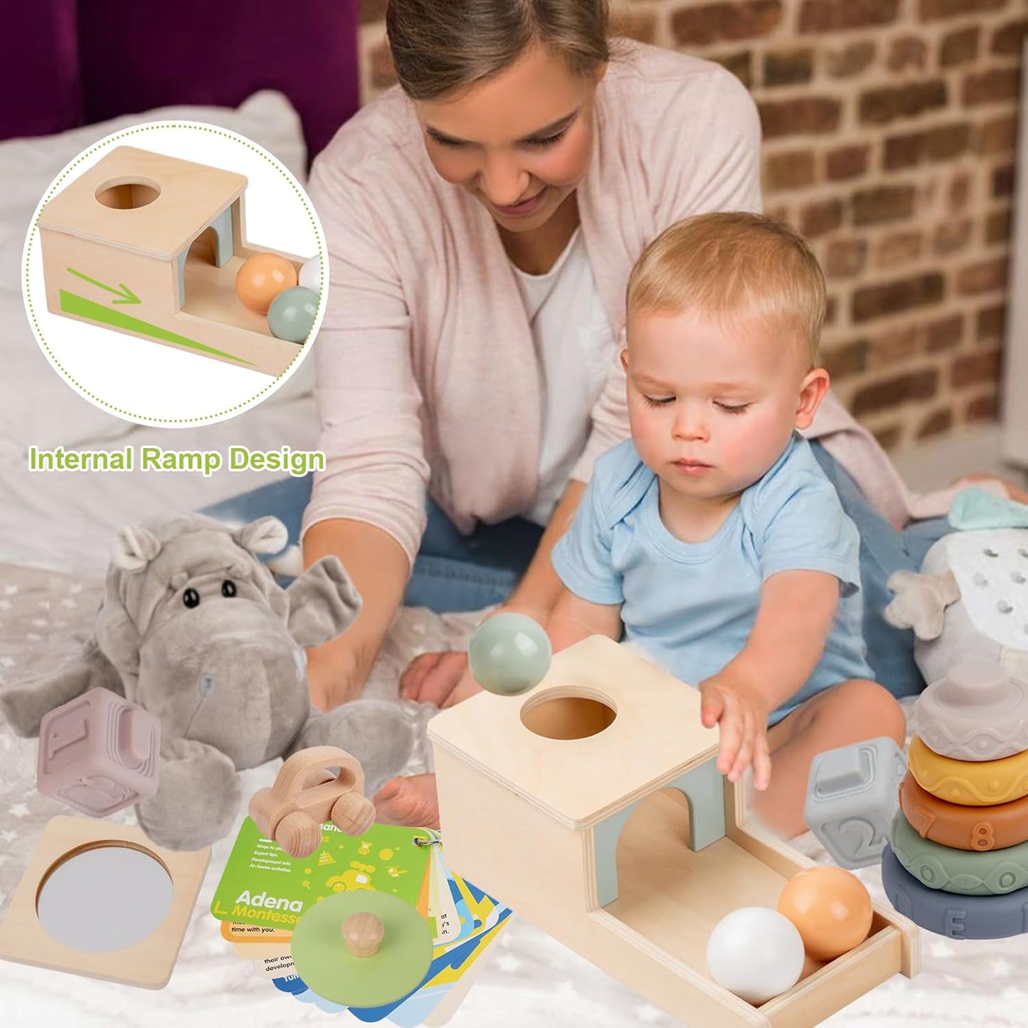 Adena Montessori Play Kit for 13-18 Month Baby,8 in 1 Toy,Colorful Stacking&Nesting Cup,Coin Bank,Coins,Carrots Lid,Carrots,Posting Lid,Flexble Stacker,Bead Kit,Shape Puzzle,Pound&Tap Hammer Bench