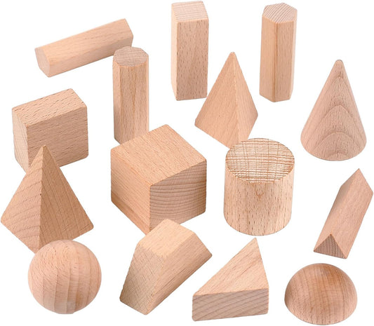 Syhood 15 Pcs 3D Shapes Geometric Solids Wooden Shapes Large Size Burlywood Color Geometric Blocks Set Montessori Learning Pattern Blocks Solid for Preschool Classroom Elementary Home School Supplies