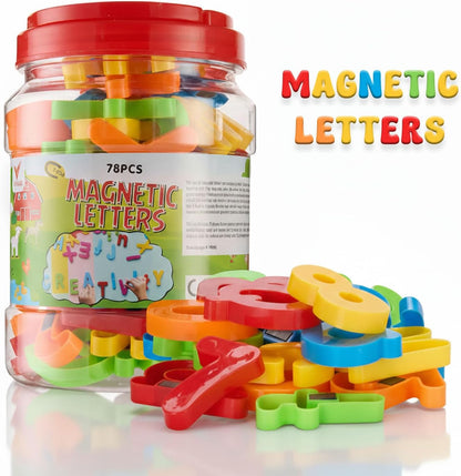 JoyLearn 78 Pieces Magnetic Letters and Numbers Alphabet Fridge Magnets ABC 123 Colorful Plastic Uppercase Lowercase Educational Toy Set with Math Symbols for Kids (78 PCS)