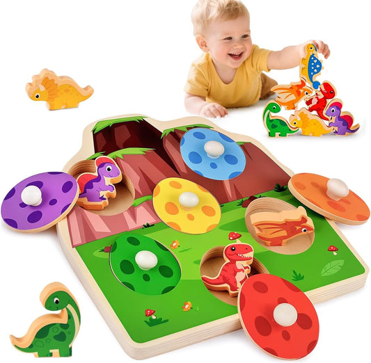 3 otters Dinosaur Peg Puzzles, Wooden Learning Toys Shape Sorter Color Match Games, Educational Memory Activities for Toddler Montessori Development Entertainment Prek Kindergarten Boys Girls Gifts