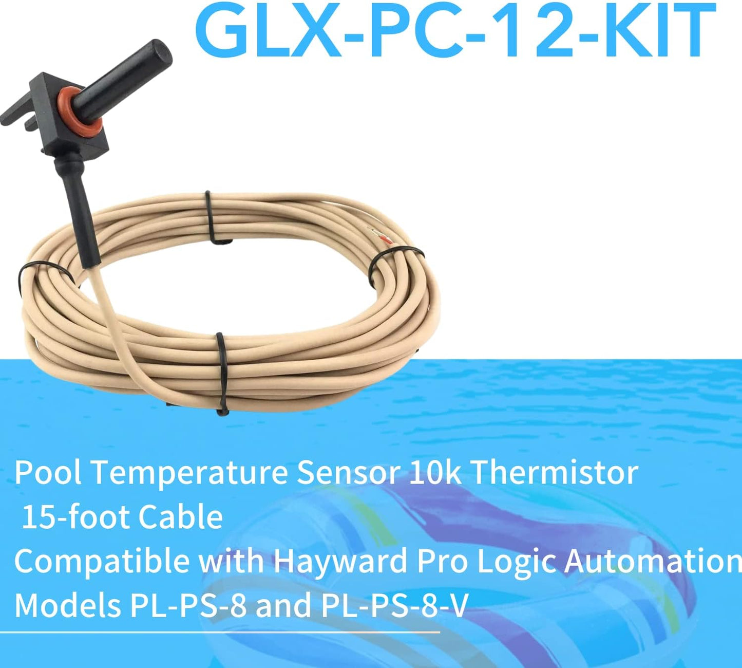 GLX-PC-12-KIT Pool Temperature Sensor Thermistor with 15 Feet Cable Water/Air/Solar Temperature Sensor Kit for Hayward Salt Chlorination Systems