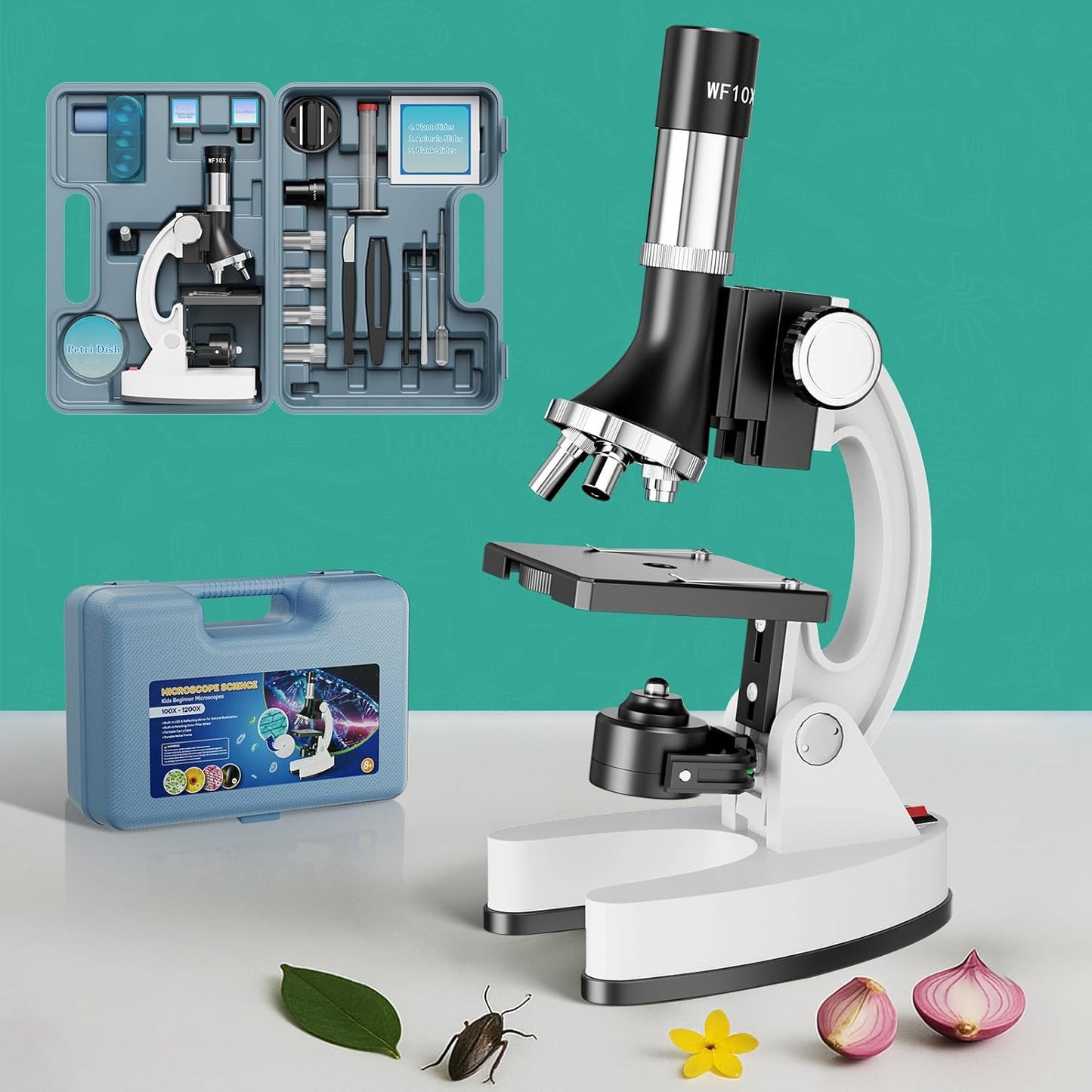 USCAMEL Kids Microscope Science Kit - 1200X Microscope for Kids 8-12 with Prepared Slides Metal Body LED Light Carrying Box Educational Compound Toy Set for Children Ages 5 Year Old Boys & Girls Gift