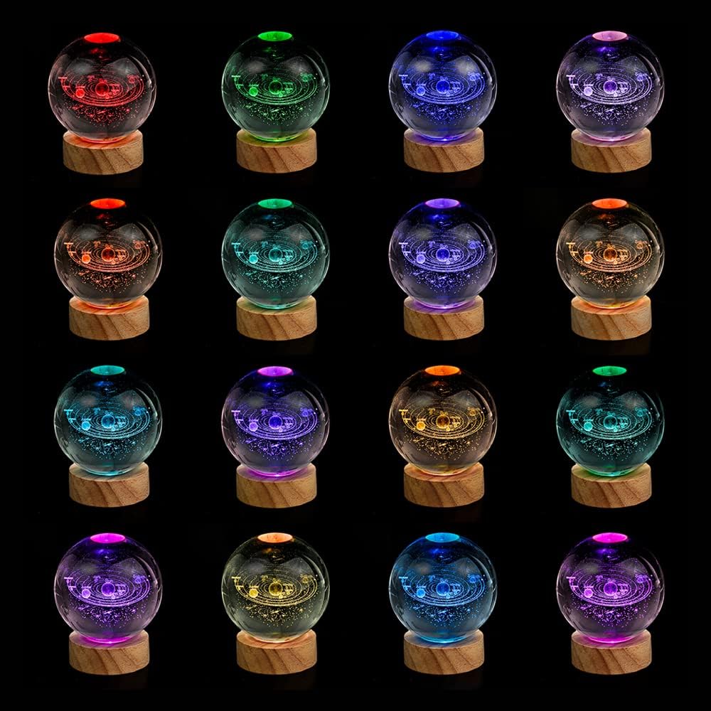 3D Solar System Crystal Ball Night Light with 16 Color LED Wooden Base, Upgraded 3.15 Inch Galaxy Planets Glass Ball Lamps with Remote for Birthday Christmas, Astronomy Space Gifts for Boys Girls