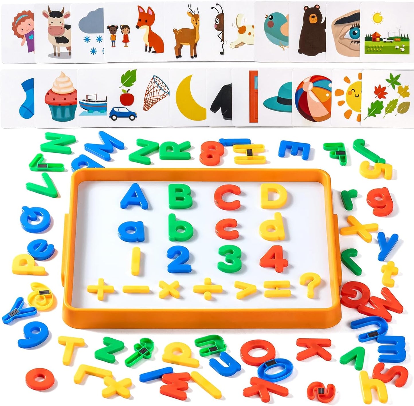 Magnetic Tray with 95 Magnetic Letters & 36 Alphabet Flash Cards – Kids Dry Erase Board, Magnetic Board for Kids & Classroom Learning Tool (Cyan)