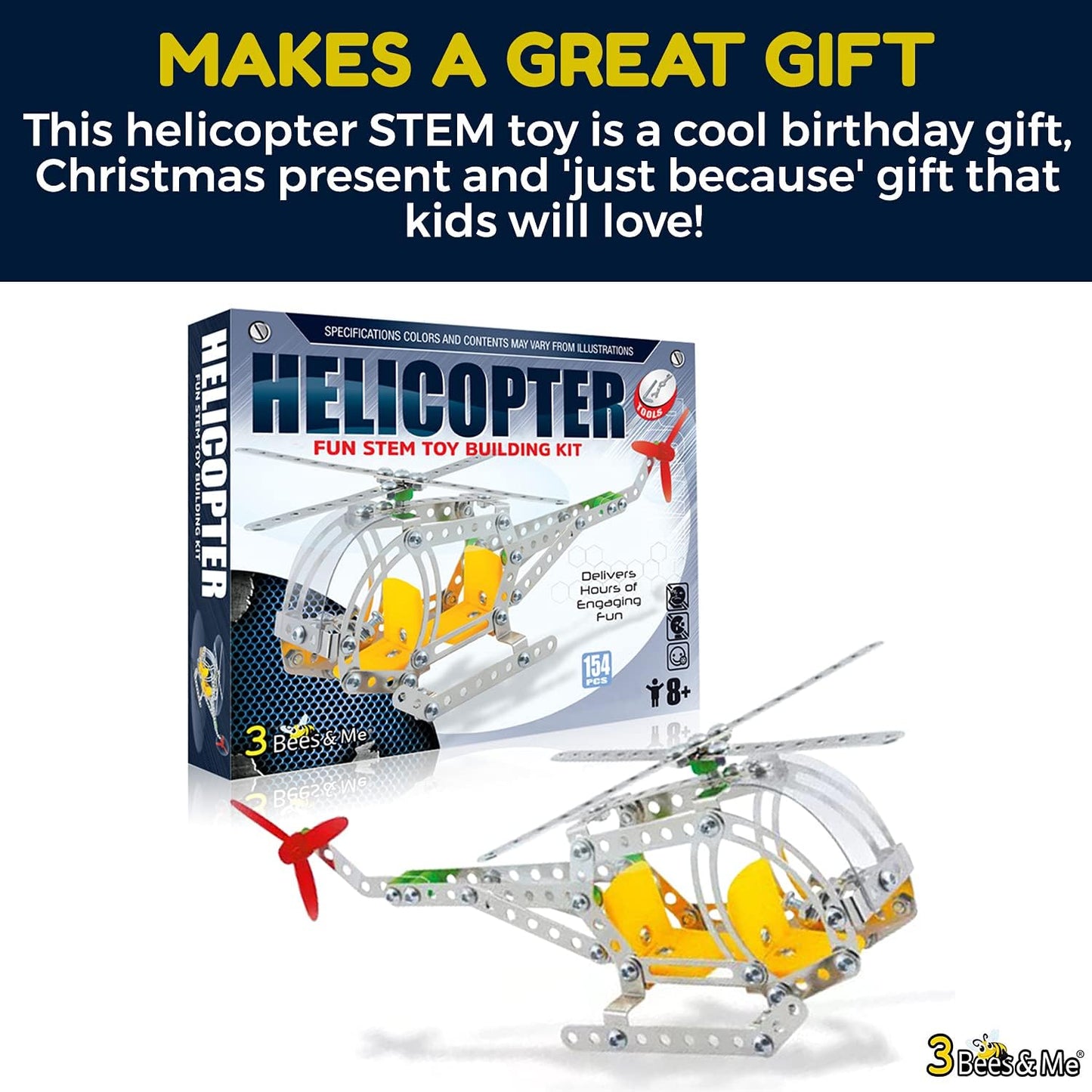 3 Bees & Me Metal Helicopter Erector Set for Boys and Girls Age 8 Years Old to Adult | Fun STEM Toy Building Kit | Educational Birthday Gift for Junior Engineers | Kids Building Projects