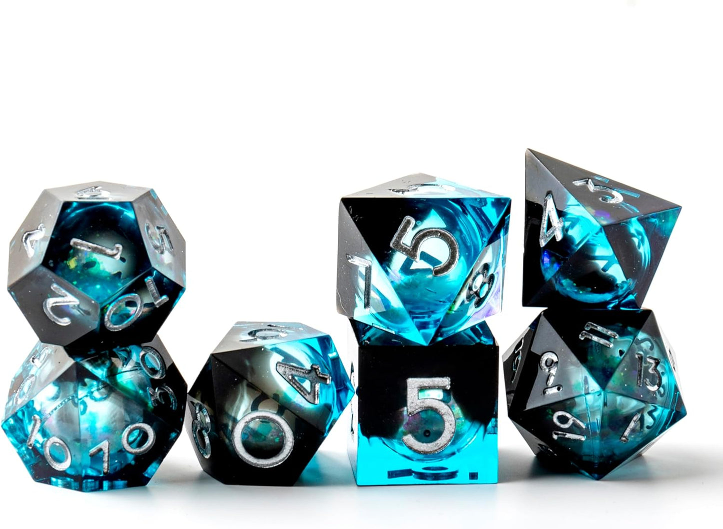 Liquid Core DND Dice Set, 7pcs Sharp Edge Dice for Role Playing Dungeons and Dragons Ttrpg with Gift Box, Handmade Resin D&D Dice RPG Role Playing Games Dice Set(Blue Gold)