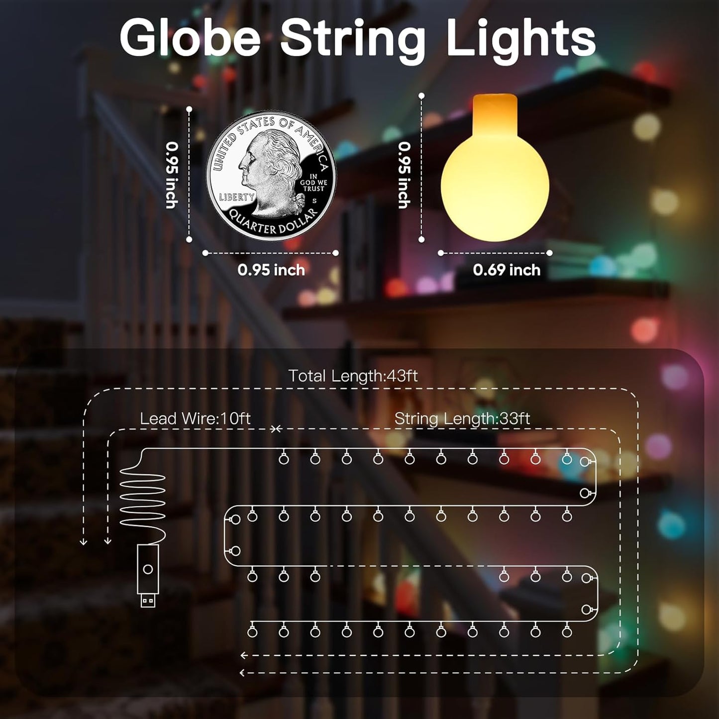suddus String Lights for Bedroom, 66ft 200 Led Connectable Globe String Lights Indoor, Hanging Fairy Lights Plug in with Remote for Kids Room Dorm Classroom Outdoor Christmas Tree Decor, Warm White