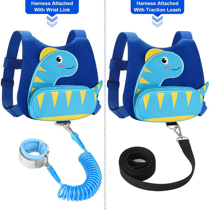 3 in 1 Toddler Harness Leash + Baby Anti Lost Wrist Link, Accmor Cute Dinosaur Child Safety Harness Tether, Kids Walking Wristband Assistant Strap Belt for Parent Boys Outdoor Activity (Black)