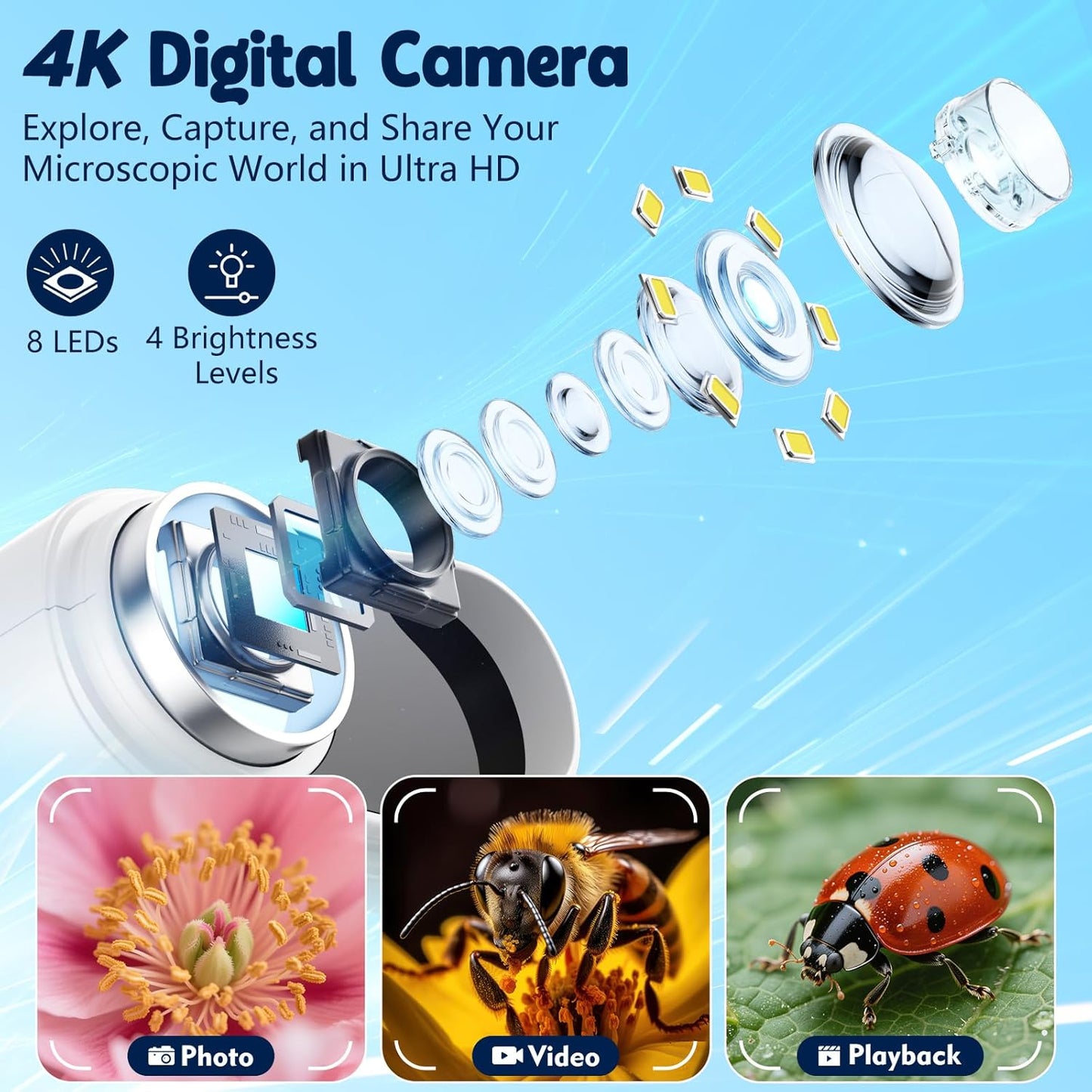 Odatay 4K 1000X Digital Microscope for Kids with Long Distance Viewing & 2.4" Screen, Portable Handheld Edu Toys for Kids Age 3-12 Exploring Bugs Plants at Home Classroom & Outdoor Travel, Yellow