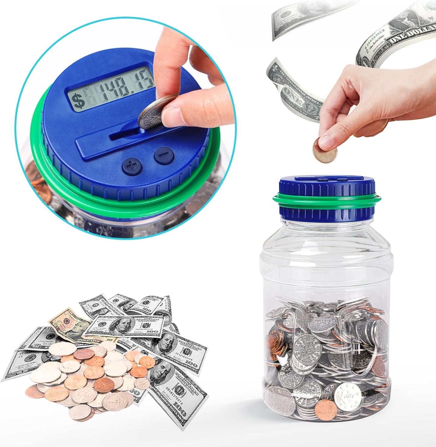 Large Piggy Bank for Adults Kids, Vcertcpl Digital Coin Counting Bank with 1.8L Capacity, Great Coin Bank Money Jar for Adults Kids with Saving Goals, Bank for All US Coins (Green B)