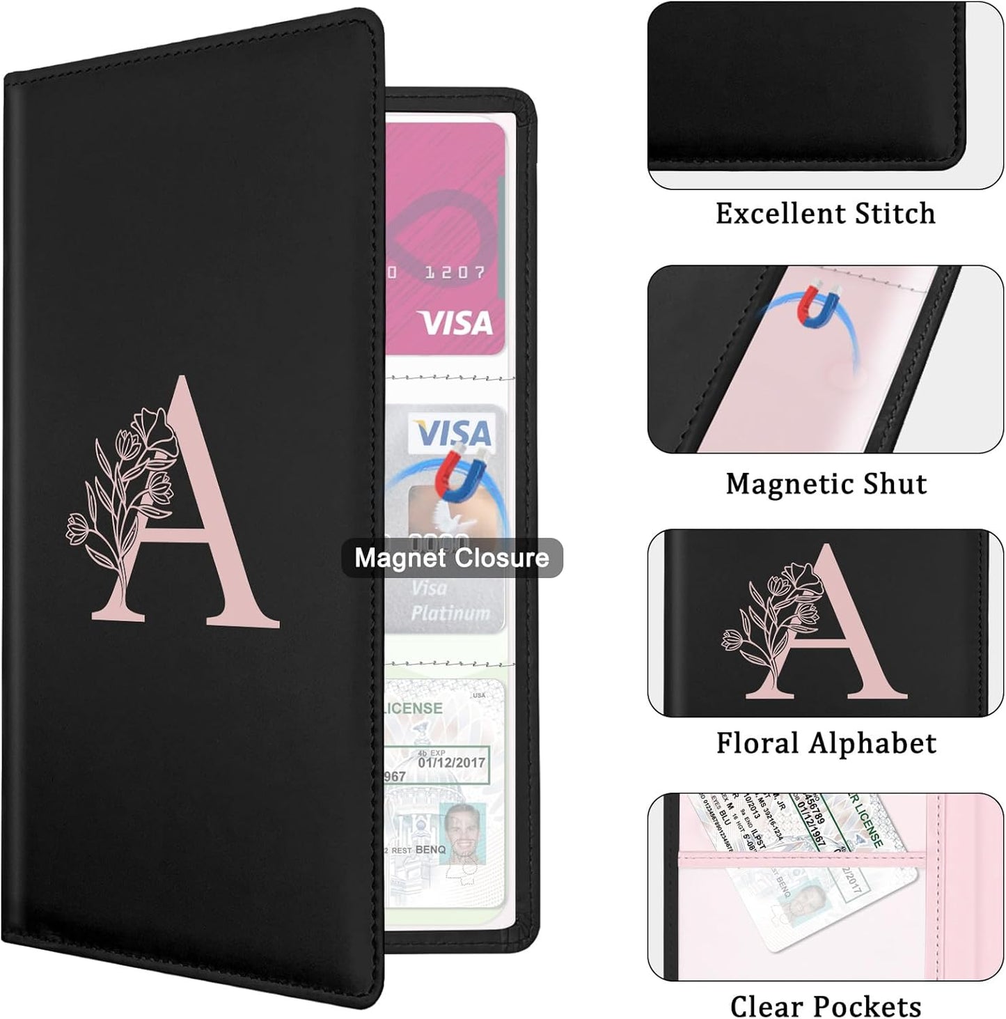 Letter Car Registration and Insurance Holder, with Magnetic Closure for License, Cards and Documents,Vehicle Glove Box Car Organizer, Interior Car Accessories for Women Men (I)