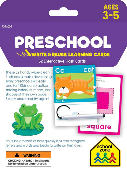 School Zone Preschool Write & Reuse Learning Cards: 32 Interactive Flash Cards, Writing Practice, Letter & Number Recognition, Shapes, Early Math, Wipe Clean, Includes Dry Erase Marker