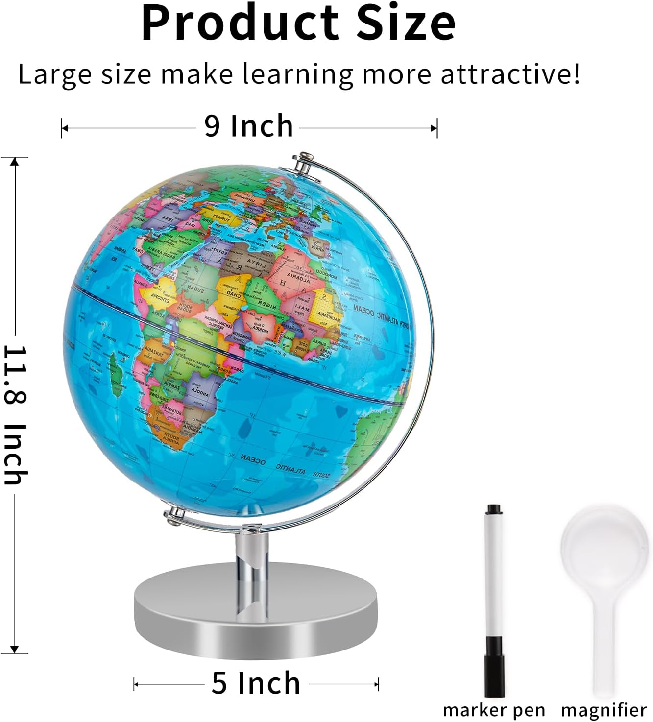 9'' Globe for Children World Globe with Stand Rewritable Easy-Read High Clear Map Earth Globes for Adults, Educational Interactive Globes for Kids Learning STEM Toy Present for 3+ Years Old