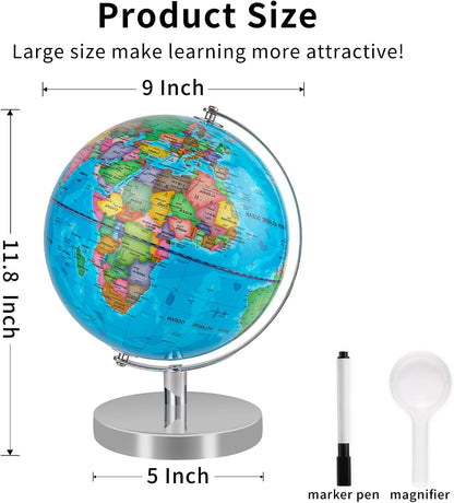 9'' Globe for Children World Globe with Stand Rewritable Easy-Read High Clear Map Earth Globes for Adults, Educational Interactive Globes for Kids Learning STEM Toy Present for 3+ Years Old