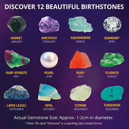 PIBEX Birthstone Dig Kit, Excavate 12 Real Gems & Crystals, DIY Gemstone Necklace & Bonus Pendant, STEM Educational Gemology Toy, Rock Geology Gifts for Boys & Girls 6-12