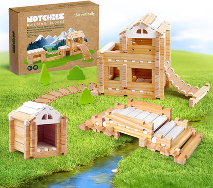 Jovi-mindly＆Notchies 96 PCS Wooden Blocks Wooden Toys with Storage Bag, Preschool Learning Toys Wood Blocks Building for Kids Ages 4-8 Creative Construction Game,FSC Certified,Birthday Toys Gifts