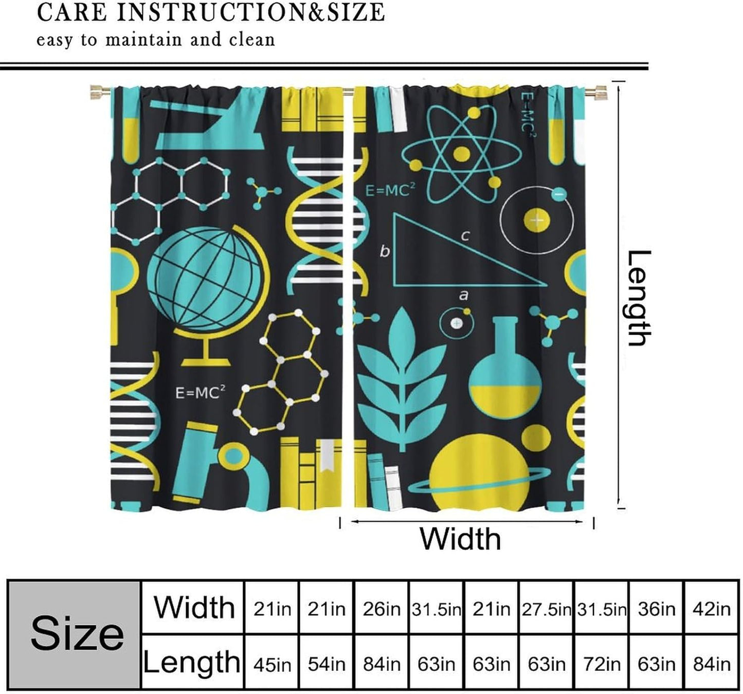 Science Physics Window Curtains, Abstract Math Chemistry Curtain Scientist Graffiti Print Window Treatments for Kids Teens Bedroom Living Room Kitchen Set 2 Panels,42x63 Inches