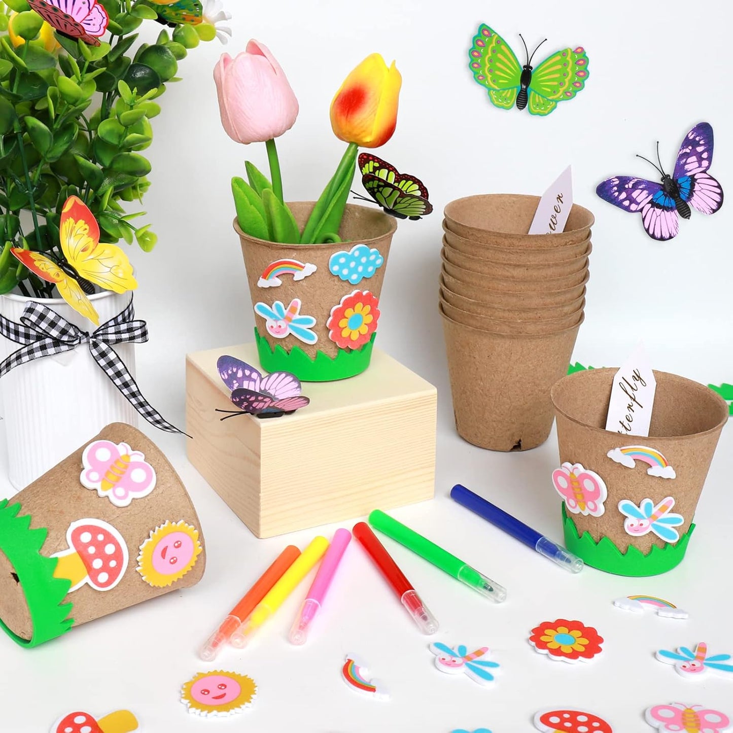 Aweyka Garden Paper Pot Craft Kit 20 Pack Flower Plant Spring Craft with 50pcs Adhesive Foam Stickers 20pcs Paper Mache Pots Label Pen Flower Planting Growing Kit Science for Mother Day