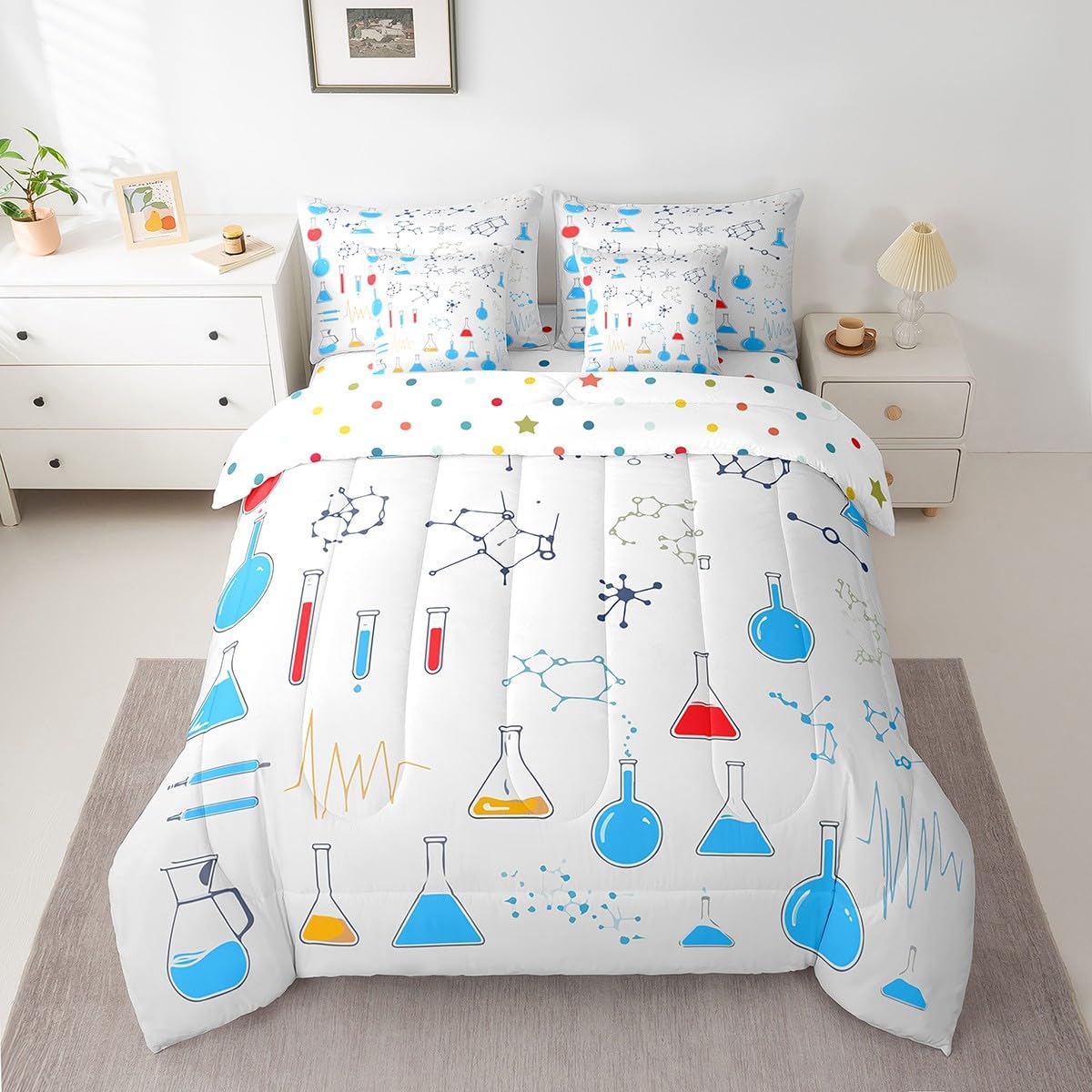 Erosebridal Chemical Equation Bed in a Bag Queen Comforter Set 7 Piece,Chemistry Bedding Sets Science Students Learning Gift Sheet Set with Comforter,Molecular Formula Education Bed Set - Colors A