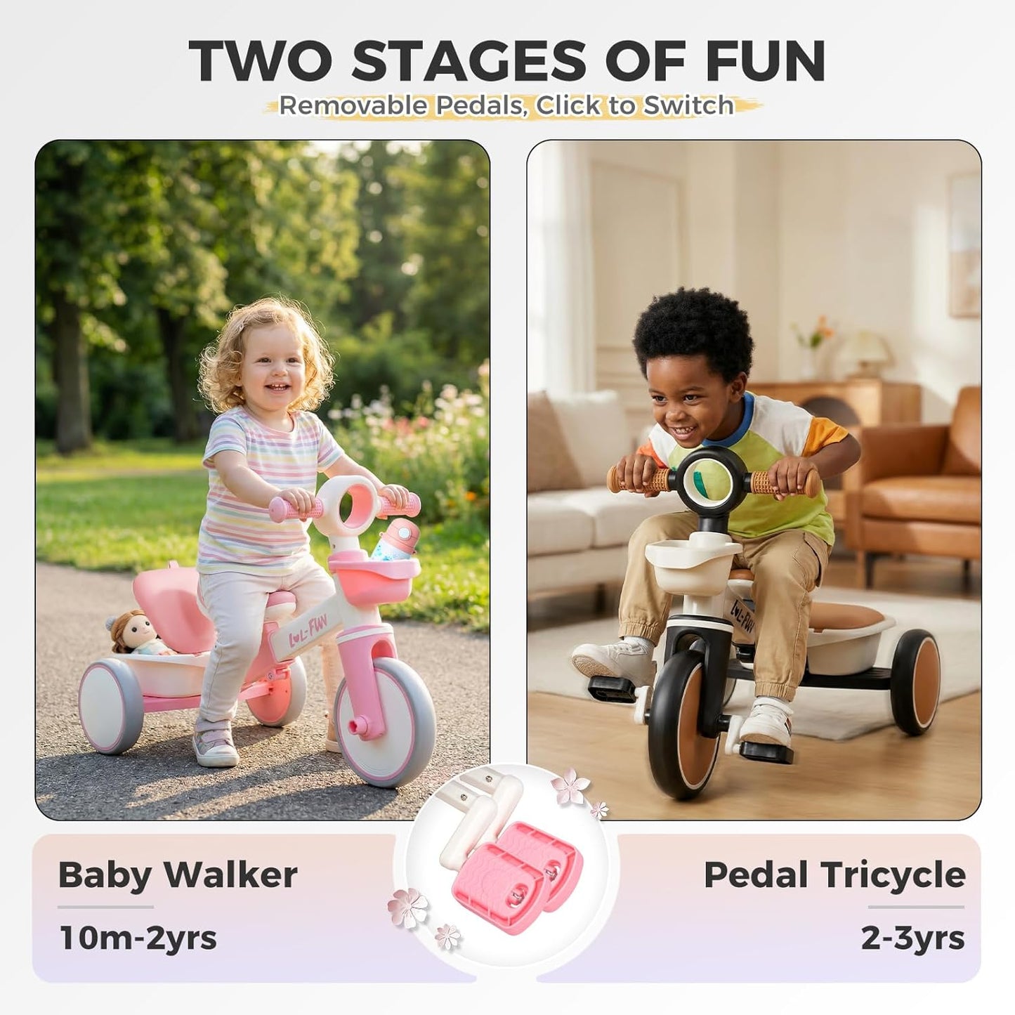 Tricycle for Toddlers 1-3 Years Old Toy, Adjustable Kids Bike for Boys Girls Birthday Gift Age 2-4, Baby Trike with Storage Baskets & Removable Pedals