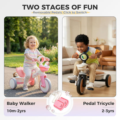 Tricycle for Toddlers 1-3 Years Old Toy, Adjustable Kids Bike for Boys Girls Birthday Gift Age 2-4, Baby Trike with Storage Baskets & Removable Pedals