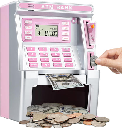 ATM Piggy Bank for Kids, ATM Machine for Real Money with Debit Card, Bill Feeder, Coin Recognition, Balance Calculator, Electronic Savings Safe Box, Gifts for Teen Boys Girls