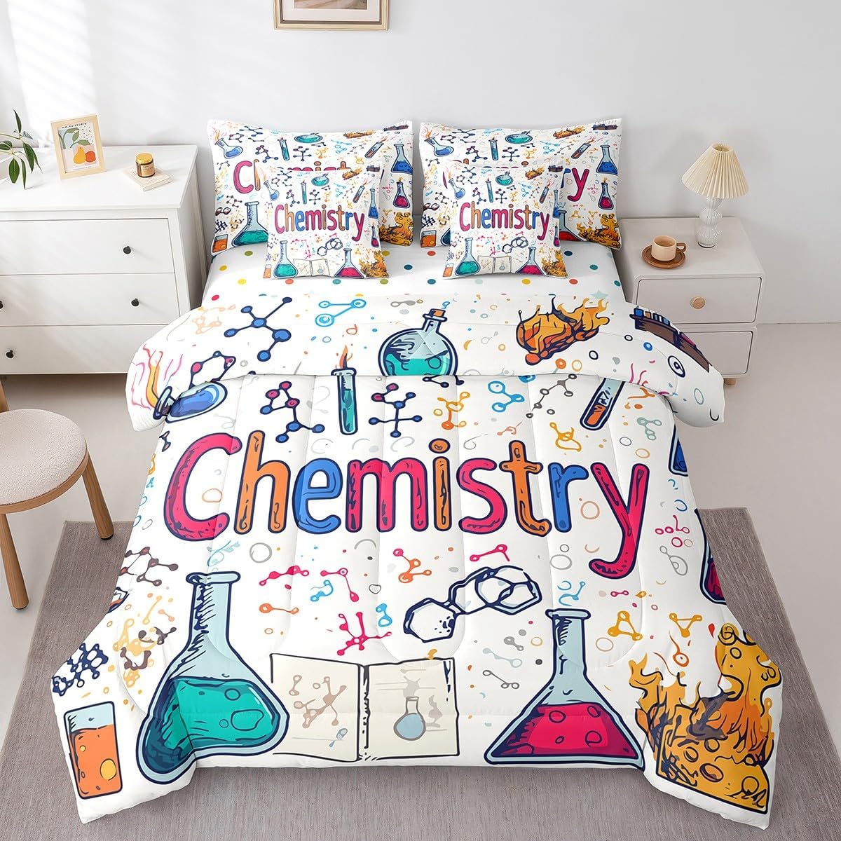 Erosebridal Chemical Equation Bed in a Bag Queen Comforter Set 7 Piece,Chemistry Bedding Sets Science Students Learning Gift Sheet Set with Comforter,Molecular Formula Education Bed Set - Colors A